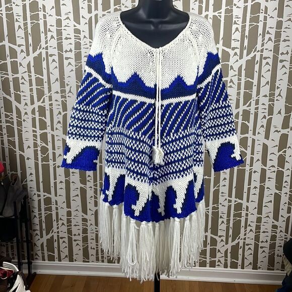 Boho Fringed Trim Sweater Mini Dress / Tunic sz XS - Picture 1 of 7